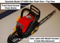 Picture of Recalled Homelite Chain Saw indicating the front hand guard/chain brake and the data label with model number and date manufactured