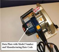 Picture of Recalled Corded Circular Saw indicating data plate with model number and manufacturing date code