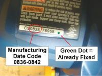 Picture of Recalled Corded Circular Saw showing manufacturing date code 0836-0842 and a green dot indicating this saw was already fixed.