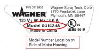 Picture of Recalled Wagner Paint Sprayer Model Number Location on Side of Motor Housing