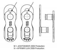 Diagram of Recalled PowerLock connector link with 'M' indicating January, February, or March 2009 production date and 'N' indicating April, May, or June 2009 production date