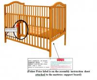 Picture of Recalled one-hand system Crib with indication of Fisher Price label on the assembly instruction sheet attached to the mattress support board