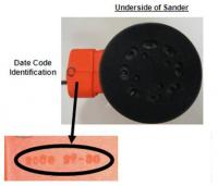 Picture of Underside of Recalled Random Orbit Sander showing date code identification