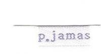 Garment tag of blue lettering on a white background, affixed to the inside collar of P.Jamas children’s garments