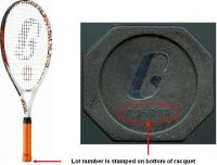 Picture of recalled racquet, showing location of lot number