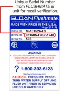 Picture of recalled flushing system label, showing the location of the serial number