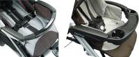 Detail of front bumper and child tray with two cup holders on Pliko strollers not included in this recall