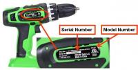 Picture of recalled drill showing location of model and serial numbers