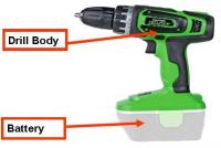 Picture of recalled drill showing location of drill body and battery