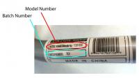 Detail of recalled booster seat frame showing location of model number and batch number