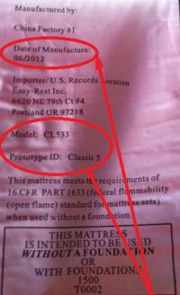 Easy-Rest Federal Mattress Tag with lot number
