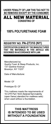 Picture of Quality Foam Recalls Mattresses Due to Violation of Federal Mattress Flammability Standard