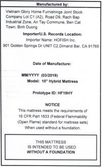 Picture of HOFISH Recalls Mattresses Due to Violation of Federal Flammability Standard; Sold Exclusively on Amazon.com